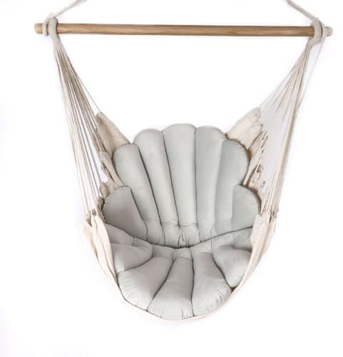 Love Gifts® Hängesessel mit 2 Kissen Muschelform und Deckenhaken-Kit 130/100 cm - 150kg Belastbar, Hängestuhl für Erwachsene & Kinder, Hängesitz Aufhängung Indoor, Farbe grau