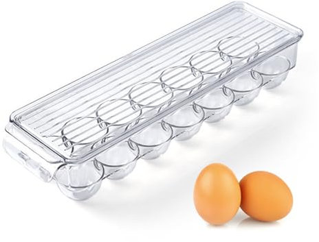 Lvjkes hueveras para frigorifico, contenedor de almacenamiento de huevos de 14 vigas, dispensador de huevos de plástico con tapa, soporte transparente para huevos, 37 x 11 x 7.5 cm