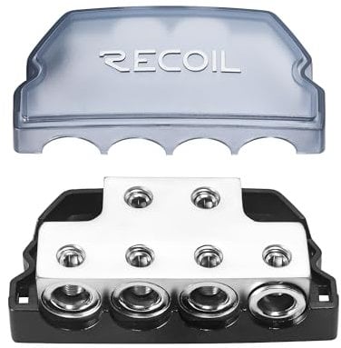 RECOIL BDB24 6 Way Power Distribution Block, 2 x 0/2/4 Gauge Input / 4 x 0/2/4 Gauge Output Power Distribution Ground Distribution Block for Car Audio Amplifier Splitter