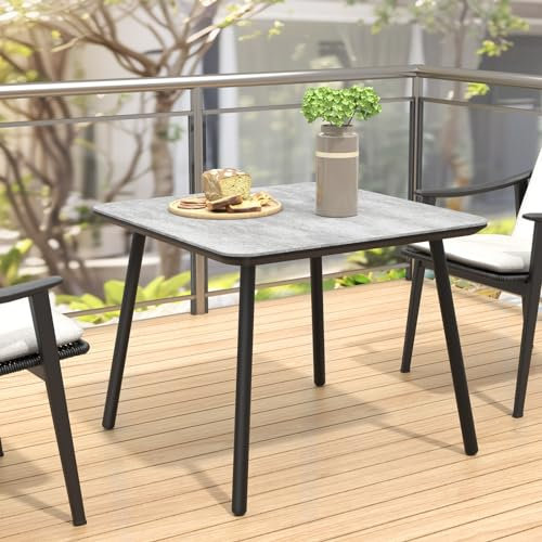 C-Hopetree Square Metal Outdoor Garden Dining Table for Outside Patio, Marble Look Top