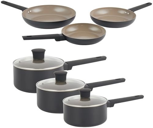Salter COMBO-9154 Ceramic Frying Pan and Saucepan Set – 6 Piece, Recycled Aluminium Body, Healthy PFOA & PFAS-Free Non-Stick, Induction, Easy Clean, Soft Touch Stay Cool Handle, Cooking Pans