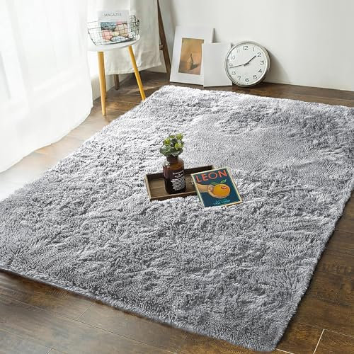 MOONLIGHT20015 Rugs Living Room – Grey Area Rugs for Bedroom Small Anti Slip – Modern Super Soft Thick Pile Fluffy Shaggy Rug – Plush Carpet Non Shedding Easy to Clean, 50cm x 80cm