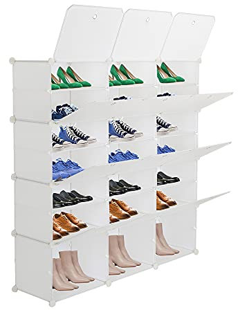 TactFire Schuhregal mit 7 Fächern, Schuhschrank, Steckregal aus Kunststoff, Würfelregal mit Tür, für 42 Paar Schuhe, Stahlrahmen, für Wohnzimmer, Schlafzimmer, Flur, Eingang, Weiß