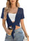 Boléro Femme Chic et Élégante Boléro manches courtes Côtelée Été Élégant Veste Court Boléro Robe Cardigan Ouverte Devant Cardigan Transparent Léger Nouveau Plain Fish Net Tricoté Tie Up Top Bleu,L