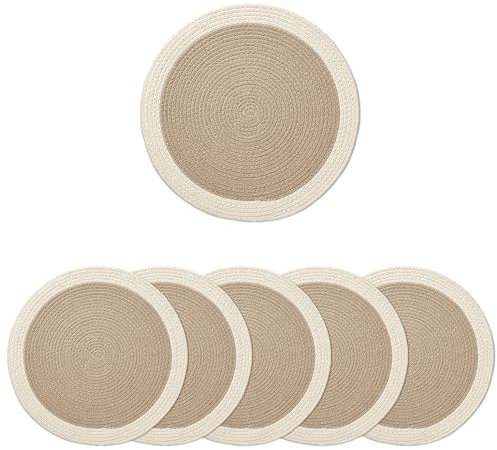 Encasa XO Tovagliette da Tavola Set di 6 | Tovagliette Rotonde in Cotone - Diametro 33 cm | Beige e bianco sporco | Stile a Coste Fatto a Mano