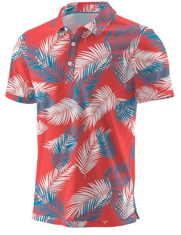 QIXING Summer Mens Golf Polo Shirts Moisture Wicking Printed Short Sleeve Quick Dry Polo T Shirts for Men Casual Golf Tops (Red Palm Leaf, M)