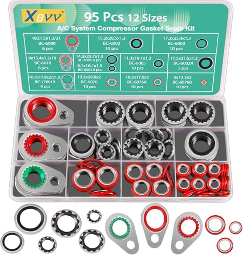 XBVV 95 Stück 12 Größen A/C Klimaanlage Dichtungssatz Set Reparatur | Kompressor-Port-Dichtungen helfen bei Klimaanlagenreparaturen und sorgen für passgenaue Abdichtung am System.