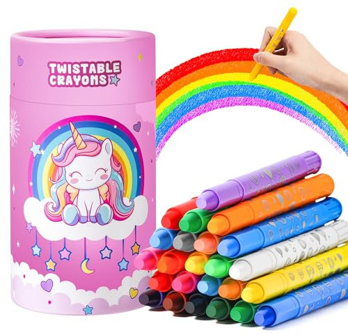 JYPS Unicornio Ceras de Colores para Niños, 24 Pinturas No-Tóxicos de Cera de Colores Bebe 1 2 3 año, Enroscable y Lavables Suministros de Arte, Regalos Pinturas para Niñas