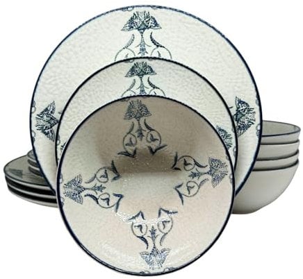 Vajilla La Mediterránea 12 platos, para 4 personas; 4 platos llanos grandes 26cm; 4 platos para postre 20cm; 4 cuencos 16x7 cm (Azul)