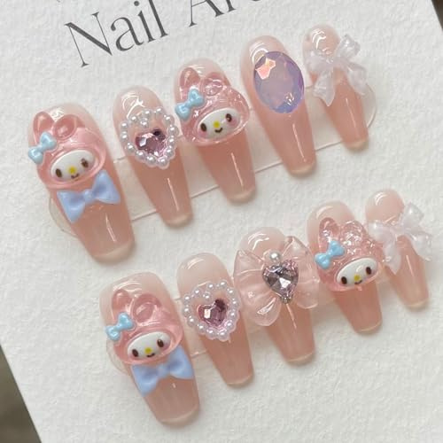 Roffatide Anime Melody Nette Presse auf Nägel Lange-Quadratische Form gefälschte Nägel Made by Soft Gel Leichtgewicht Bequemer wiederverwendbarer Kleber auf Nägeln Kurze 4-Größen Kawaii Gel Nail Kit