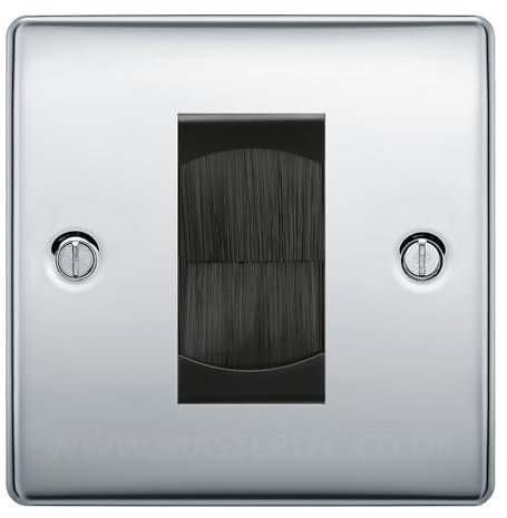 BG Polished Chrome Single 1 Gang Brush Cable Entry Wall Plate Black Insert Square