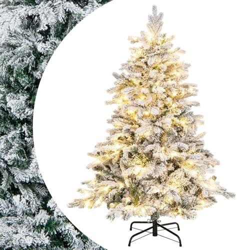 SPOTRAVEL 4.5FT Snow Flocked Artificial Christmas Tree (135 cm) | Pre-Lit Xmas Tree with 757 Branch Tips & 120 Warm White LED Lights, Home Office Holiday Decoration Tree