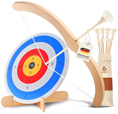 BOWRILLA® Juego de juguetes de madera para niños con 6 flechas con ventosa, diana de madera y carcaj | Tiro con arco para niños para juegos de interior y exterior a partir de 3 años