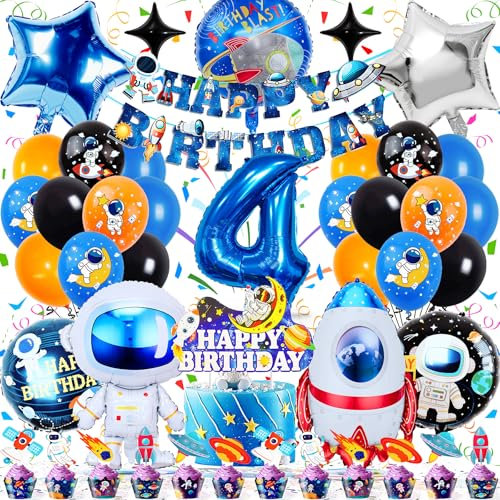 Zaztytoy Weltraum Kindergeburtstag Deko Luftballons – 44 Stück Weltall Deko Ballons 4 Jahre, Astronauten Party mit Folienballons, Banner, Kucheneinsätzen & Zubehör für Kindergeburtstage
