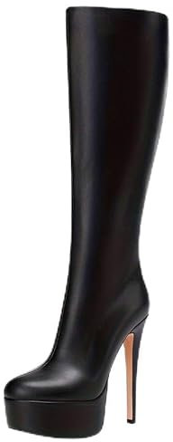 Feinlina Donna Nero Pelle Piattaforma Tacco Al Ginocchio Stivali Sexy Stiletto Tacco Coscia Stivali alti, Nero , 42 EU