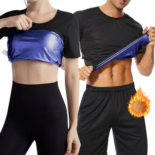 Sweat Sauna Suit for Men Women Sauna T-Shirts Body Shaper Sweat Vest Sauna Tops Waist Trainer Slimming Weight Loss Workout Suit Exercise Fitness Short Sleeve Training Jackets Clothes (Men, L)