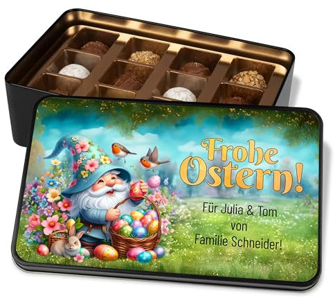 Personalisierte Schokolade zu Ostern - Dein Ostergeschenk „Frohe Ostern“ – Oster-Wichtel & Osterkorb mit Ostereiern – Geschenkdose mit 12 Confiserie-Pralinen