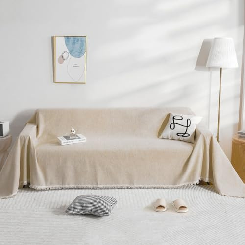 BUSVORES Sofa Überwurfdecke, Chenille Mit Fransen Sofabezug, AntiRutsch Couch Schutz für Haustiere Haare Kinder Hund Katze, Vielseitige Dekorative Sofaüberwurf für Familie(Khaki, 180x300 cm)