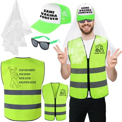 Jga Männer Weste Junggesellenabschied Männer Kostüm,Junggesellenabschied Hut und Schleier,Dekoration Warnweste,Kreative Geschenke für Herren JGA Party Zubehör,Hochzeit Deko