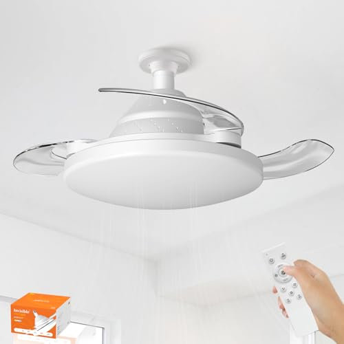 Ventilador Techo Con Luz Aspas Retráctiles Y Mando Silencioso, 57CM E27 Pequeño Lampara Techo Ventilador Led Regulable, Ceiling Fan with Light 3 Velocidades Para Dormitorio Habitación Pequeña-Blanco