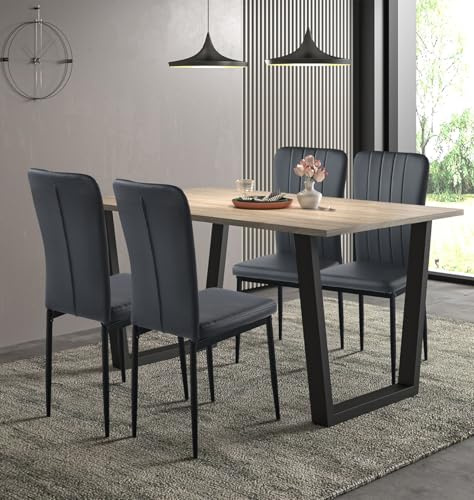 Hallowood Furniture Dudley Large Dining Table and Chairs Set 4-6 Seater | Light Oak Top Table 150cm with U-Shaped Metal Legs and Black PU Leather Kitchen Chairs Set Of 4, Industrial Dining Room Sets