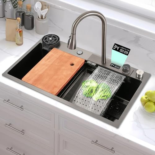 Fregadero de cascada con pantalla digital, de acero inoxidable, multifuncional, fregadero de cocina, fregadero con grifo extraíble y lavadero de tazas, 80 x 46 x 20 cm