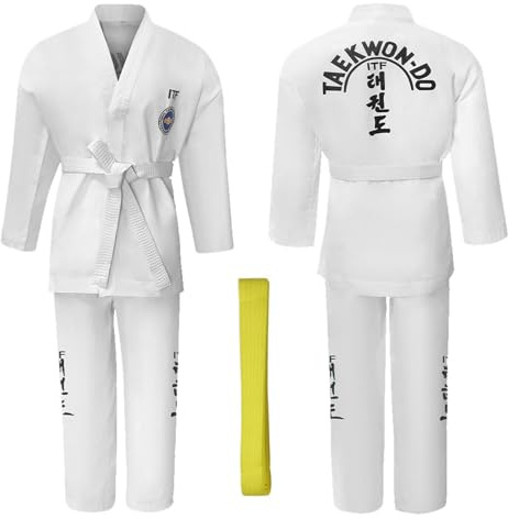 CHUIKUAJ Uniforme da Taekwondo ITF per Bambini e Adulti, Leggera, da Karate, con Scollo a V, Unisex, per Allenamento e Combattimento, Giacca e Pantaloni da Karate,White-160