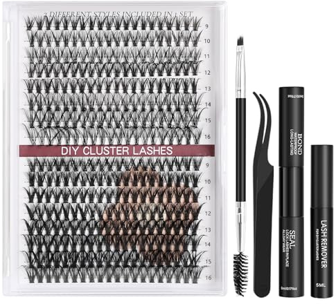 Yekavo Eyelash Extensions Set, 240 Pieces, Lash Extension Set, Eyelash Extension Set, Lashes Cluster Kit Set with Bond and Seal, Eyelash Remover, Tweezers & Eyelash Brush (60D + 80D)