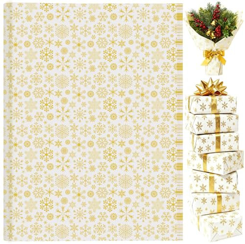 60 Sheets Christmas Snowflake Tissue Paper for Gift Bags, PLULON Gold Christmas Gift Wrapping Paper Bulk Floral Packaging Art Crafts Garlands Winter Holiday Xmas Party Decorations 35 × 50cm