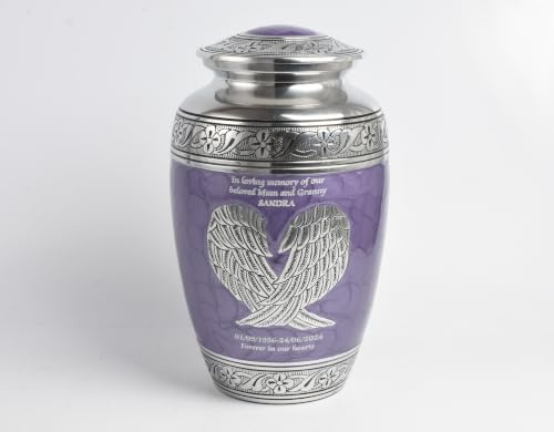 Angel Wing Cremation Urn for Adult Ashes – Durable Aluminium Funeral Container – Memorial Vessel with Engraving Holds Human Remains up to 90kg or 14 Stone (Personalised-Purple)