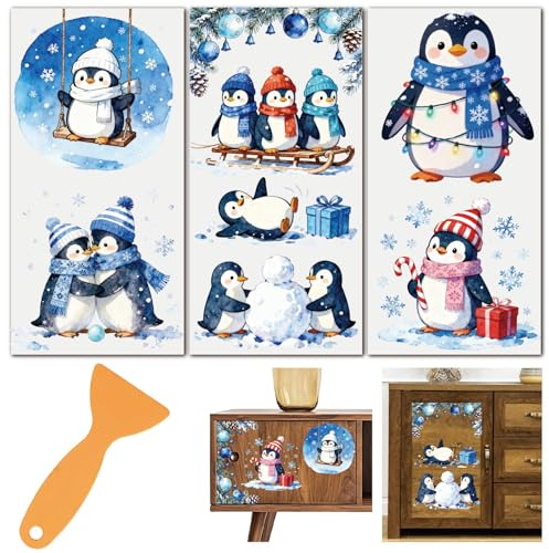 PRESSINART 3 Blätter 3 Stile Pinguin Rub On Transfers Für Möbel Winter Transfer Aufkleber Weihnachtsdekor PVC Wasserdicht Selbstklebend Dekorative Abziehbilder Für Schubladen Kommoden Schlafzimmer