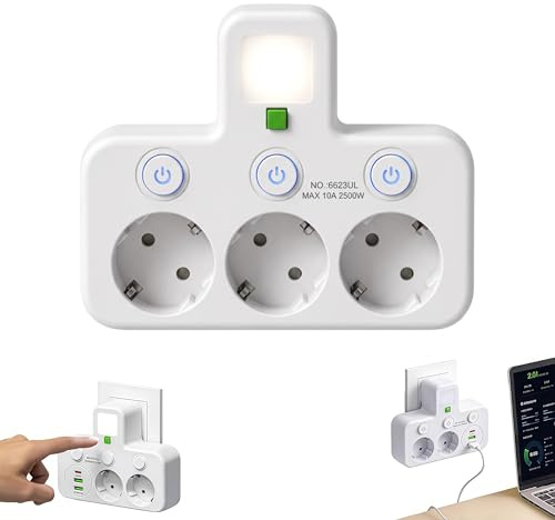 Kabellose Steckdosenleiste mit Nachtlicht, Steckdosenleiste ohne Kabel 2/3/4/5 Fach Mehrfachstecker für Steckdose mit 1 Type-C 2 USB Einzelschalter für Schlafzimmer Büro Reise (Weiß,3 Dosen)