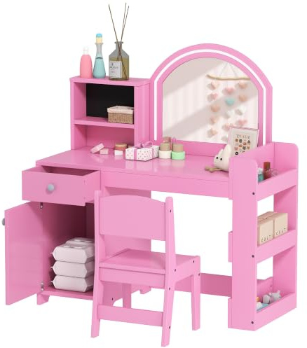 AIYAPLAY Set Toeletta Trucco per Bambini 3-8 Anni 2 in 1 con Sedia, Rosa