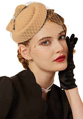 Cizoe Fascinator für Damen, 20er-/50er-Jahre-Stil, Vintage-Pillbox-Hut, Kentucky-Derby-Fascinator, Blumenschleier, Hochzeit, Teeparty, Hut, 11C-Gold, Einheitsgröße