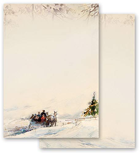 50 Blatt Briefpapier Wintermotiv KUTSCHE IM WALD Natur & Landschaft - DIN A4 Format - Paper-Media