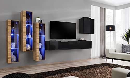ASM Ensemble Mural - Switch XIII - 3 Vitrines LED - 1 Banc TV - 1 Vitrine Carrée - Bois Et Noir - Modèle 1
