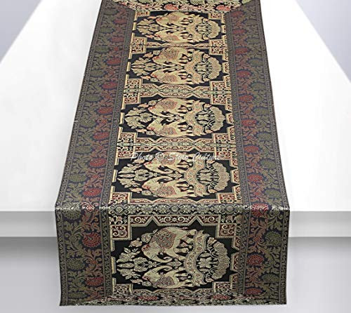 Stylo Culture Indische Dekorative Tischdecke Schwarz Gold Elefant Blumen Bohemien Jacquard Tischläufer Rechteckig 5 Fuß Für Wohnzimmerdekor Brokat Party Tischplatte (40 x 152 cm)