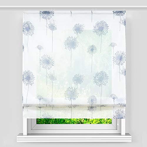 Heichkell Voile Raffrollo mit Klettband »Löwenzahn« Transparente Schienegardine Gardine Küche Digital Druck Weiß B×H 120×140cm