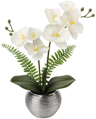 Briful Kleine künstliche Orchideen in silberfarbenem Keramiktopf, weißes Phalaenopsis-Orchideenarrangement aus Seide für den Waschtisch im Badezimmer, den Schreibtisch im Büro, den Nachttisch, moderne