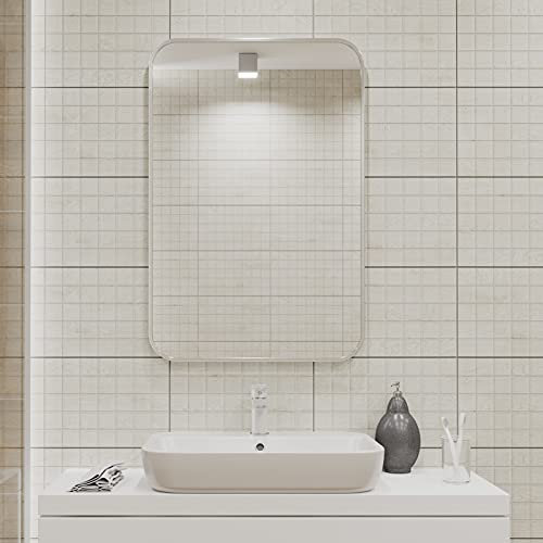 Koonmi 90 x 60 cm Wandspiegel für Badezimmer, Rechteckiger Metallrahmen matt, Spiegel für Wanddekoration, abgerundete Ecke, Silber