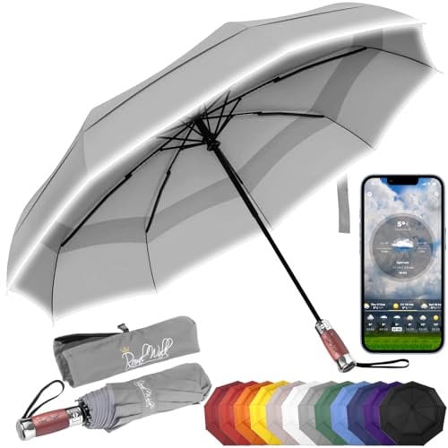 Royal Walk Paraguas de viaje plegable resistente al viento, compacto y fuerte, mango de madera auténtica, apertura automática, doble toldo ventilado para hombres y mujeres, gris, L, Moderno