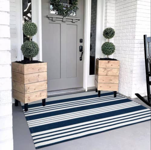 OJIA Blauer und weißer Outdoor-Teppich, 90x150 cm, Baumwolle, handgewebt, gestreift, Veranda-Teppich, Bauernhaus, geschichtete Fußmatte für Eingangsbereich/Küche/Wäsche/Wohnzimmer/Badezimmer
