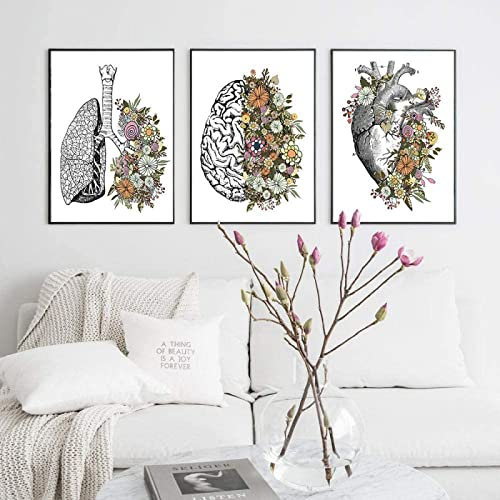 FARYHLR prada bild Vintage Anatomie Blumen Herz Gehirn Lungen Druck Poster Kunst Druckbare Wanddekor Leinwand Leinwand Medizinische Klinik Wandbild Dekor | 50x70cmx3Pcs / Kein Rahmen