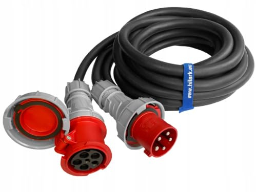 Hilark Cavo prolunga in gomma H07RNF 5x16 mm (5g16 mm2) 63A IP44 La spina e la presa di corrente Sono di 5 poli (15 metri, Nero)