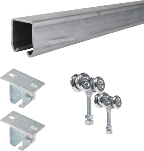 Rollenlaufwerk für hängendes Schiebetor bis 150kg | mit Deckenbefestigung | 2 Laufwagen | 2m Stück(e) | verzinkt | Laufwagen mit Kugellager | ATTAS Basic-Line (2m inkl. 2 Halterungen)
