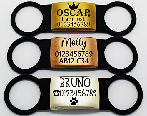 SUCRE Laser Engraved Dog Tags and Cat ID Name, Steel-Silicone Slide On Dog Tags for Pets Engraved UK in 6 Colors | Personalised Cat Collar ID, Puppy Accessories & Puppy Essentials (Rosegold-Black)