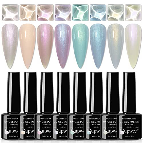 SUPWEE Pearl Holographic Shell Nail Polish Set, 8 Colors Shimmer Mermaid Nail Gel Polish Iridescent Nails Polish Gel Soak Off UV Gels for Nails Art DIY at Home