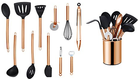 ECHTWERK Ustensiles cuisine, 12 pièces, silicone antiadhésive, manche inox, support, édition cuivre.
