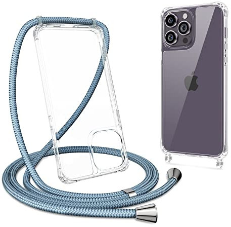 ZTOFERA Crossbody Lanyard Case for iPhone 14 Pro Max, Ultra Clear Hard Back with Soft Bumper Protective Phone Case with Strap Adjustable Neck Cord Necklace Shockproof Cover, Grey Blue