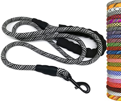 MayPaw Heavy Duty Rope Dog Lead, Soft Foam Handle, Black 12FT | 1/2 Thick Nylon Lead for Large Medium Dogs, 3/4/6/7/8/10/12/15FT, Daily Walks Training, More Colors, Anti-tangle Swivel Clip